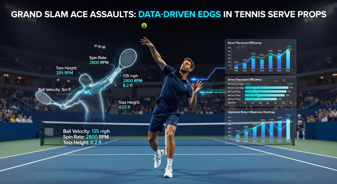 A towering tennis player unleashing a blistering serve that clips the line for an ace in a packed Grand Slam stadium, crowd roaring in the background